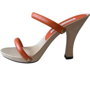 Manolo Blahnik Wood Heel Orange Strap Sandals EU 37